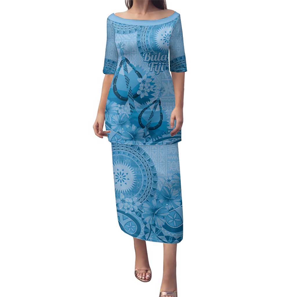 Blue Bula Fiji Family Matching Puletasi and Hawaiian Shirt Fijian Dance Fan Tapa Cloth Pattern LT14 Mom's Dress Blue - Polynesian Pride