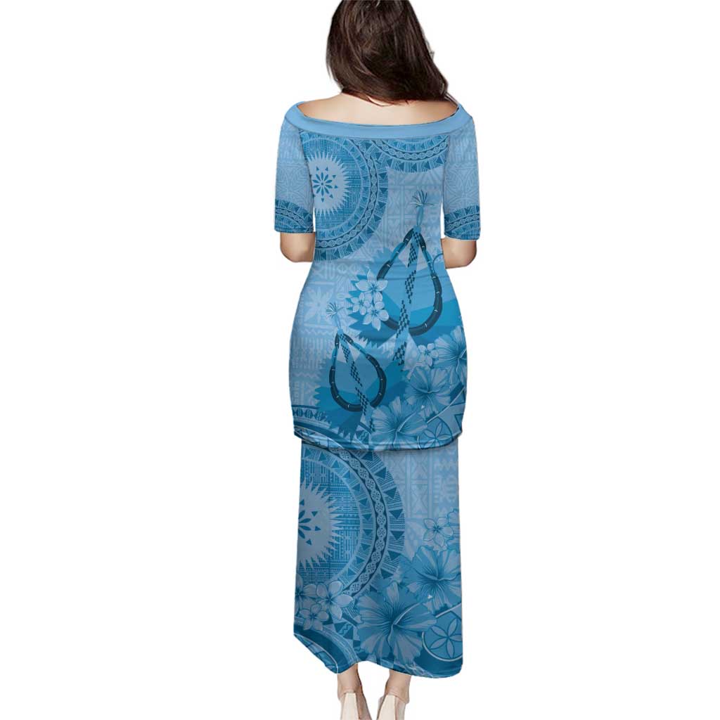 Blue Bula Fiji Family Matching Puletasi and Hawaiian Shirt Fijian Dance Fan Tapa Cloth Pattern LT14 - Polynesian Pride