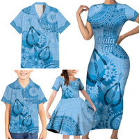 Blue Bula Fiji Family Matching Short Sleeve Bodycon Dress and Hawaiian Shirt Fijian Dance Fan Tapa Cloth Pattern LT14 - Polynesian Pride