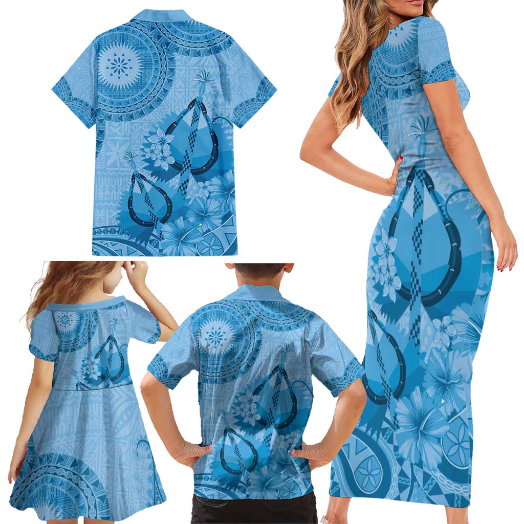 Blue Bula Fiji Family Matching Short Sleeve Bodycon Dress and Hawaiian Shirt Fijian Dance Fan Tapa Cloth Pattern LT14 - Polynesian Pride