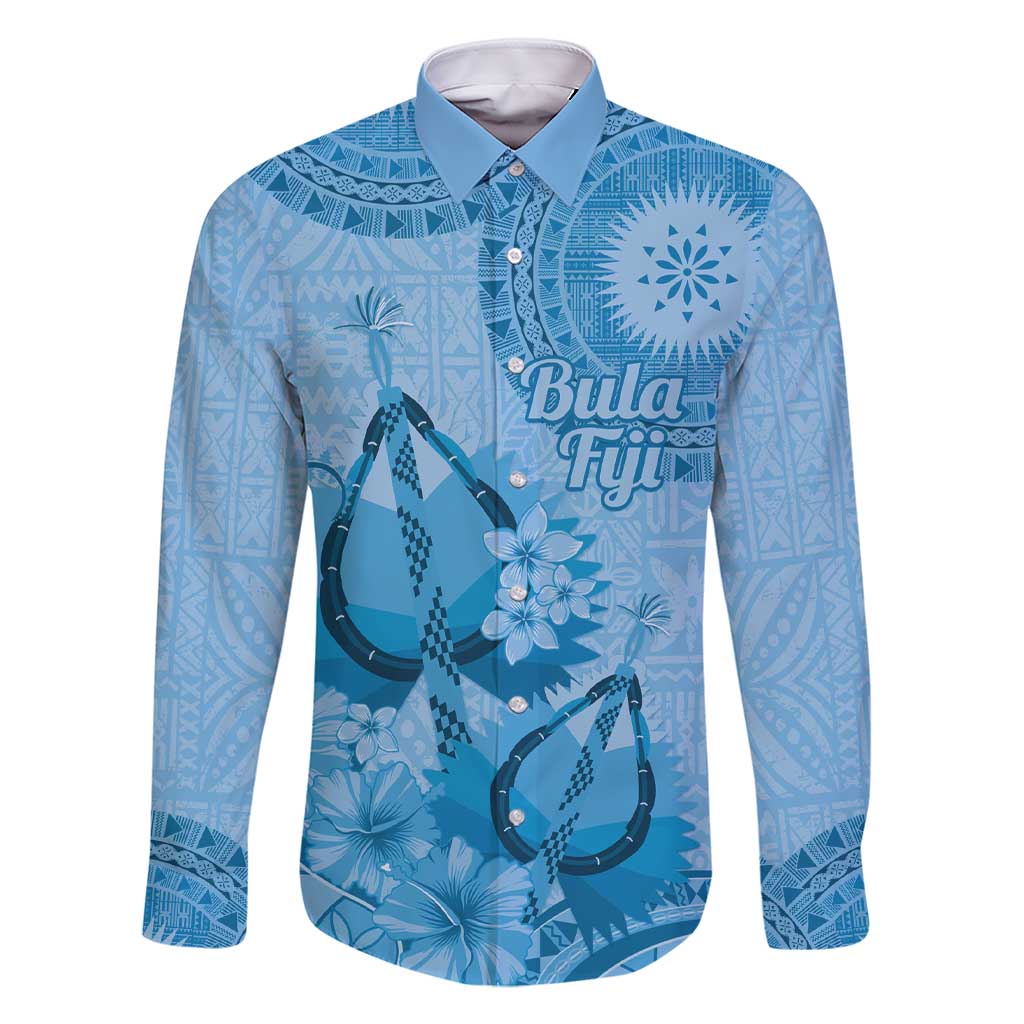 Blue Bula Fiji Family Matching Short Sleeve Bodycon Dress and Hawaiian Shirt Fijian Dance Fan Tapa Cloth Pattern LT14 Dad's Shirt - Long Sleeve Blue - Polynesian Pride