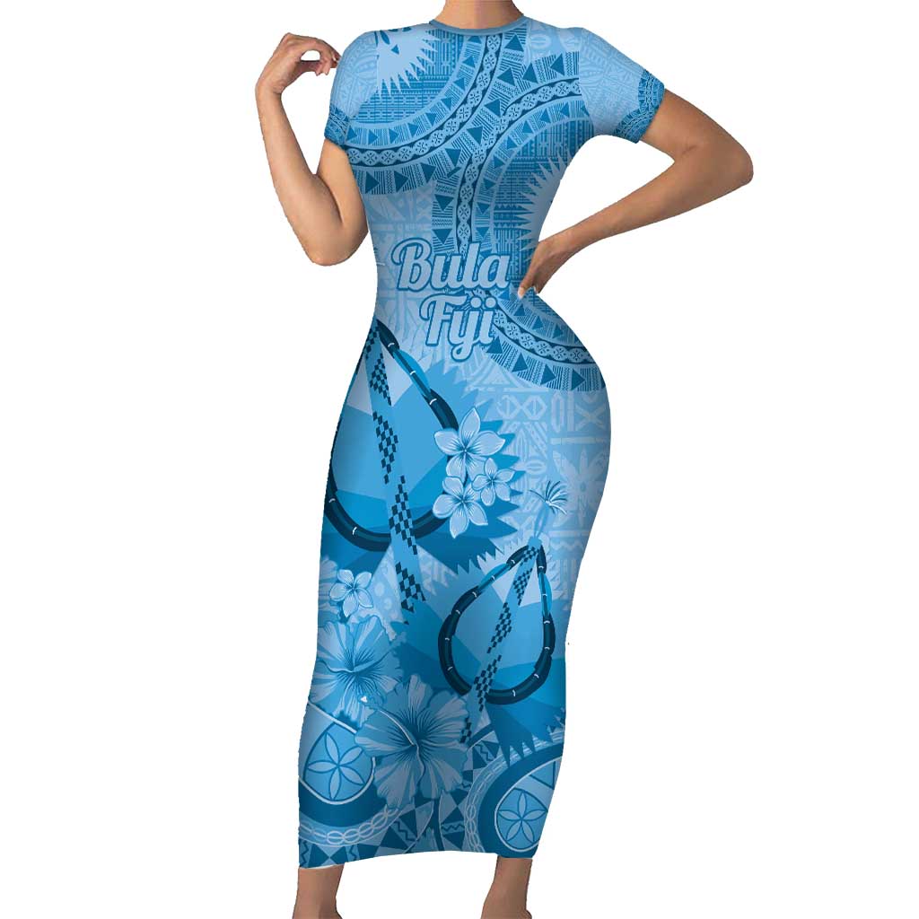 Blue Bula Fiji Family Matching Short Sleeve Bodycon Dress and Hawaiian Shirt Fijian Dance Fan Tapa Cloth Pattern LT14 Mom's Dress Blue - Polynesian Pride