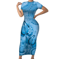 Blue Bula Fiji Family Matching Short Sleeve Bodycon Dress and Hawaiian Shirt Fijian Dance Fan Tapa Cloth Pattern LT14 Mom's Dress Blue - Polynesian Pride