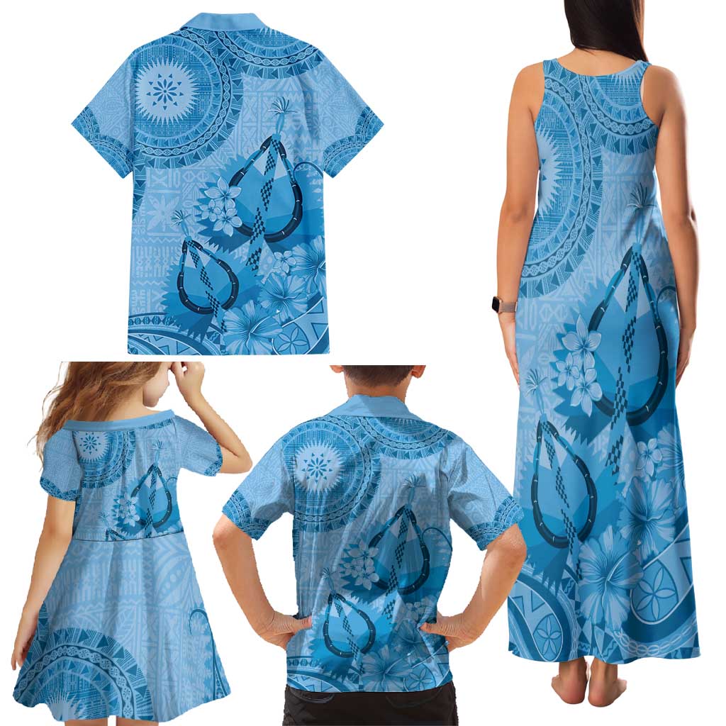 Blue Bula Fiji Family Matching Tank Maxi Dress and Hawaiian Shirt Fijian Dance Fan Tapa Cloth Pattern LT14 - Polynesian Pride