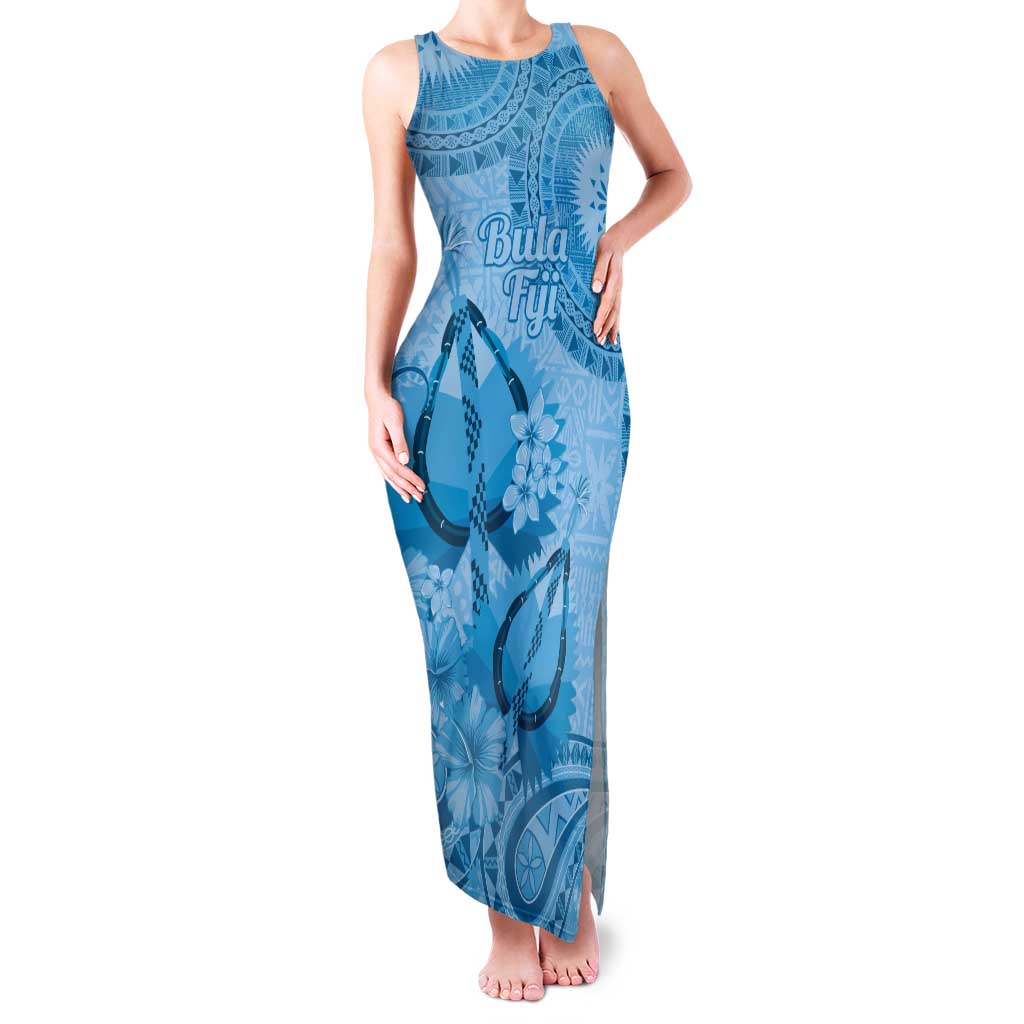 Blue Bula Fiji Family Matching Tank Maxi Dress and Hawaiian Shirt Fijian Dance Fan Tapa Cloth Pattern LT14 Mom's Dress Blue - Polynesian Pride
