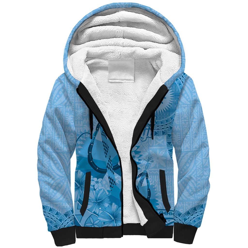Blue Bula Fiji Sherpa Hoodie Fijian Dance Fan Tapa Cloth Pattern