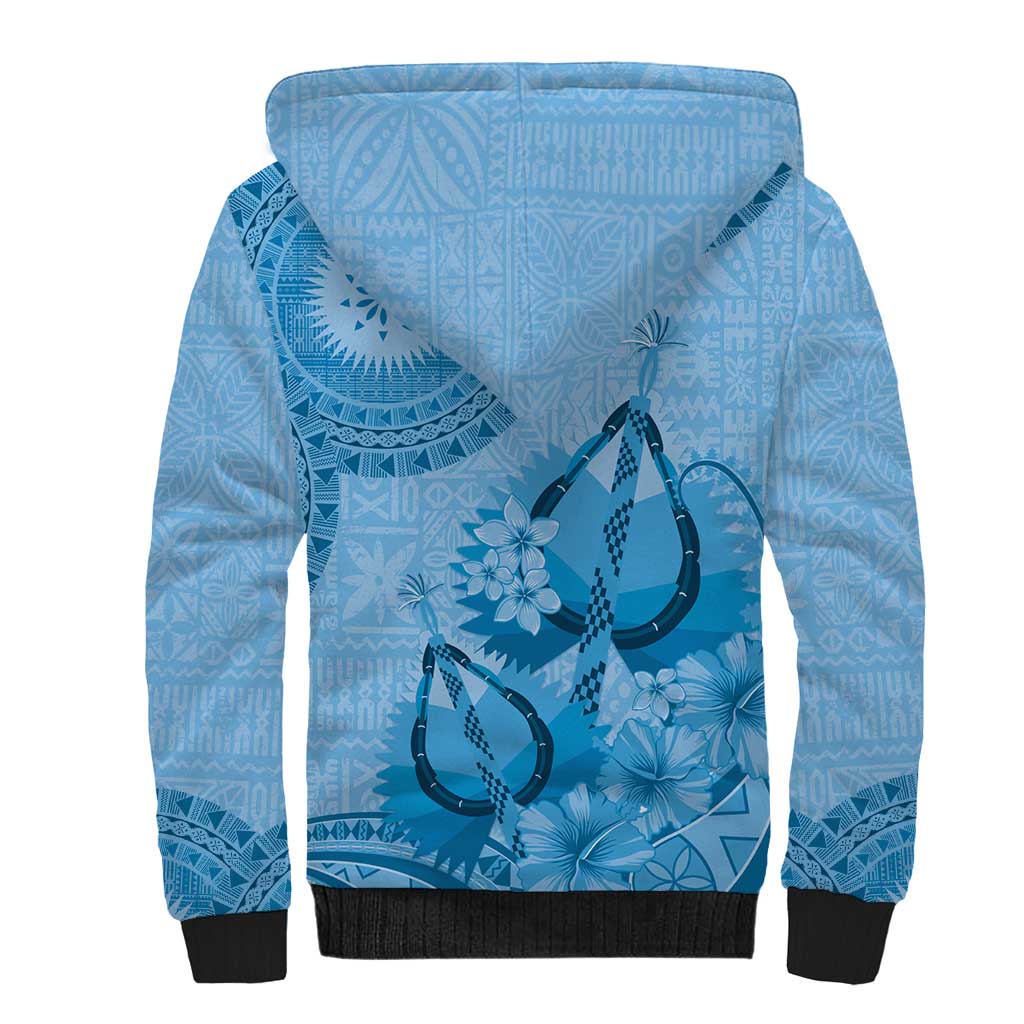 Blue Bula Fiji Sherpa Hoodie Fijian Dance Fan Tapa Cloth Pattern