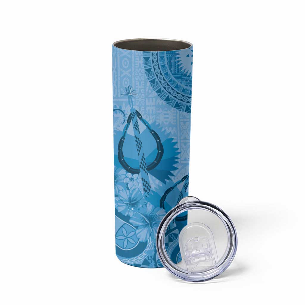 Blue Bula Fiji Skinny Tumbler Fijian Dance Fan Tapa Cloth Pattern LT14 - Polynesian Pride