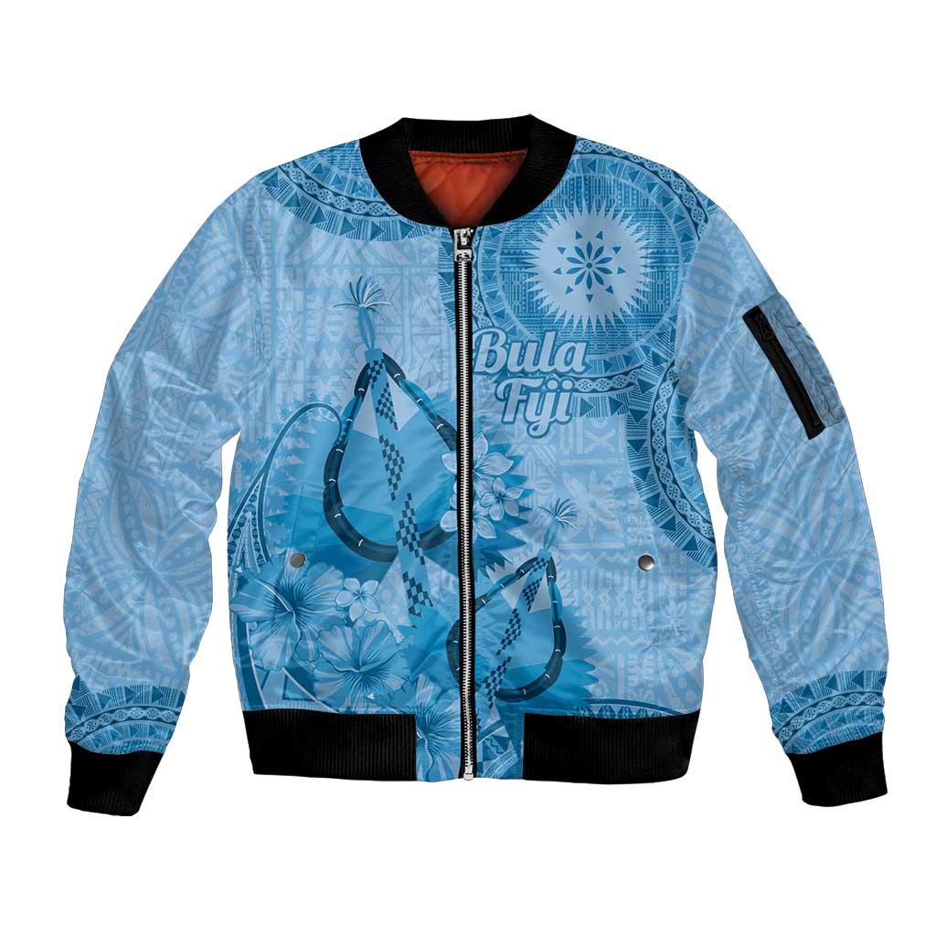Blue Bula Fiji Sleeve Zip Bomber Jacket Fijian Dance Fan Tapa Cloth Pattern LT14 Unisex Blue - Polynesian Pride