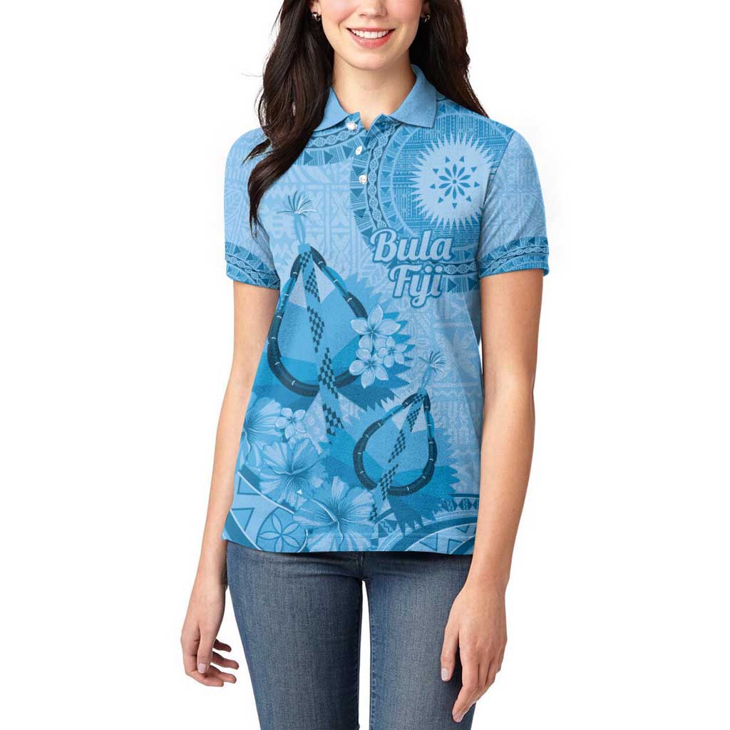 Blue Bula Fiji Women Polo Shirt Fijian Dance Fan Tapa Cloth Pattern