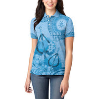Blue Bula Fiji Women Polo Shirt Fijian Dance Fan Tapa Cloth Pattern