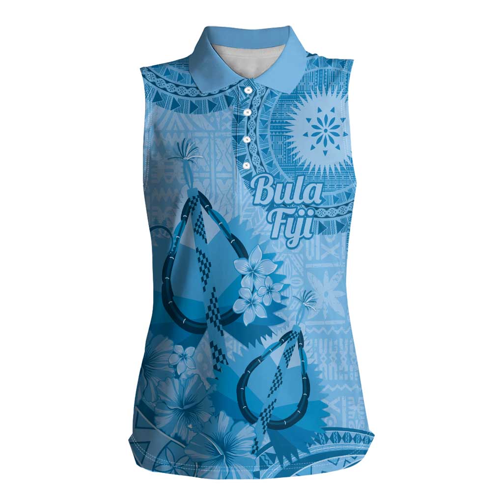 Blue Bula Fiji Women Sleeveless Polo Shirt Fijian Dance Fan Tapa Cloth Pattern LT14 Female Blue - Polynesian Pride