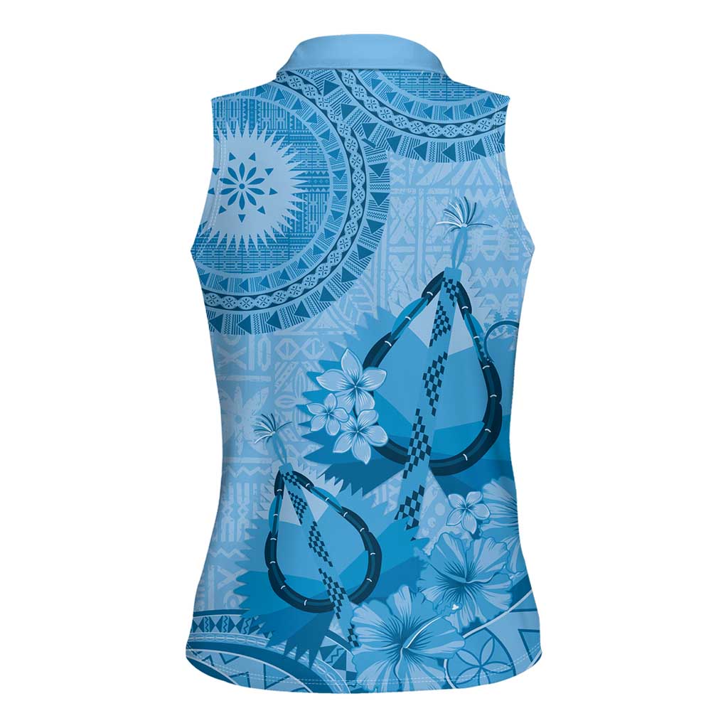 Blue Bula Fiji Women Sleeveless Polo Shirt Fijian Dance Fan Tapa Cloth Pattern LT14 - Polynesian Pride