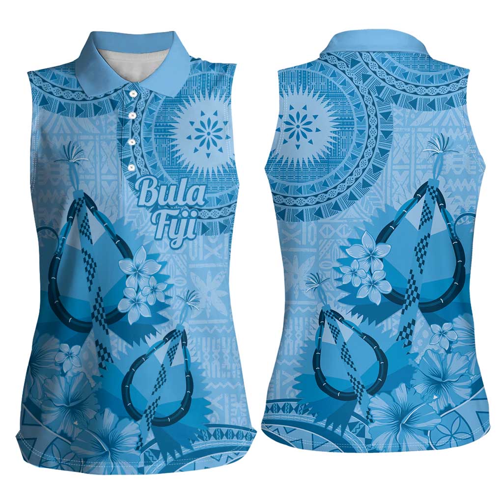 Blue Bula Fiji Women Sleeveless Polo Shirt Fijian Dance Fan Tapa Cloth Pattern LT14 - Polynesian Pride