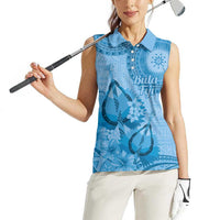Blue Bula Fiji Women Sleeveless Polo Shirt Fijian Dance Fan Tapa Cloth Pattern LT14 - Polynesian Pride