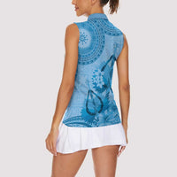 Blue Bula Fiji Women Sleeveless Polo Shirt Fijian Dance Fan Tapa Cloth Pattern LT14 - Polynesian Pride