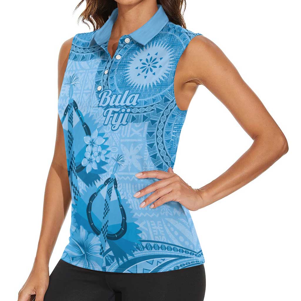 Blue Bula Fiji Women Sleeveless Polo Shirt Fijian Dance Fan Tapa Cloth Pattern LT14 - Polynesian Pride