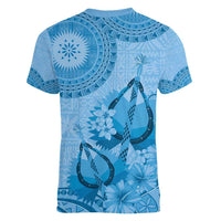Blue Bula Fiji Women V-Neck T-Shirt Fijian Dance Fan Tapa Cloth Pattern LT14 - Polynesian Pride