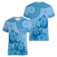 Blue Bula Fiji Women V-Neck T-Shirt Fijian Dance Fan Tapa Cloth Pattern LT14 - Polynesian Pride