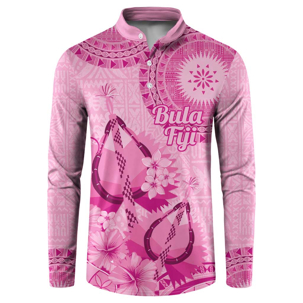 Pink Bula Fiji Button Sweatshirt Fijian Dance Fan Tapa Cloth Pattern LT14 Pink - Polynesian Pride