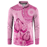 Pink Bula Fiji Button Sweatshirt Fijian Dance Fan Tapa Cloth Pattern LT14 Pink - Polynesian Pride