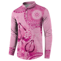 Pink Bula Fiji Button Sweatshirt Fijian Dance Fan Tapa Cloth Pattern LT14 - Polynesian Pride