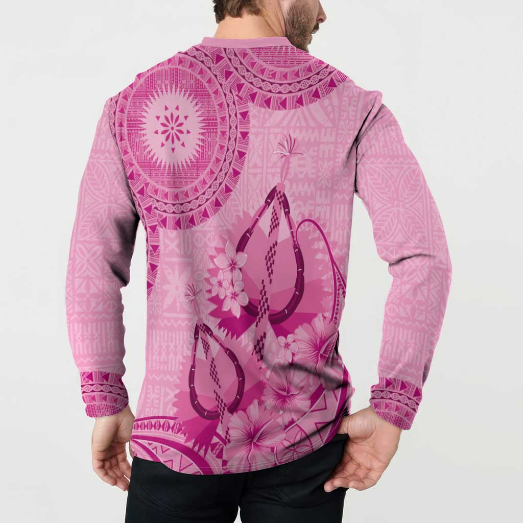 Pink Bula Fiji Button Sweatshirt Fijian Dance Fan Tapa Cloth Pattern LT14 - Polynesian Pride