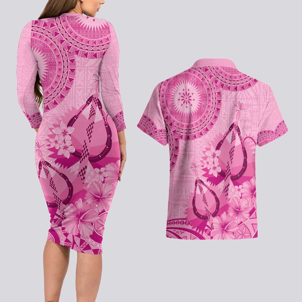 Pink Bula Fiji Couples Matching Long Sleeve Bodycon Dress and Hawaiian Shirt Fijian Dance Fan Tapa Cloth Pattern LT14 - Polynesian Pride