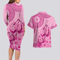 Pink Bula Fiji Couples Matching Long Sleeve Bodycon Dress and Hawaiian Shirt Fijian Dance Fan Tapa Cloth Pattern LT14 - Polynesian Pride