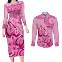 Pink Bula Fiji Couples Matching Long Sleeve Bodycon Dress and Long Sleeve Button Shirt Fijian Dance Fan Tapa Cloth Pattern LT14 Pink - Polynesian Pride