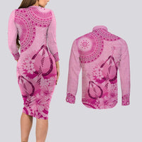 Pink Bula Fiji Couples Matching Long Sleeve Bodycon Dress and Long Sleeve Button Shirt Fijian Dance Fan Tapa Cloth Pattern LT14 - Polynesian Pride