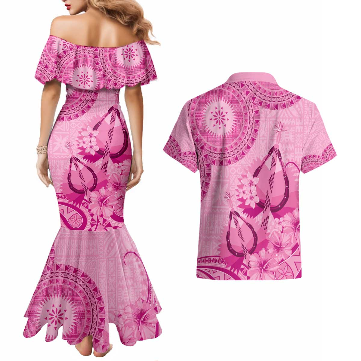 Pink Bula Fiji Couples Matching Mermaid Dress and Hawaiian Shirt Fijian Dance Fan Tapa Cloth Pattern LT14 - Polynesian Pride
