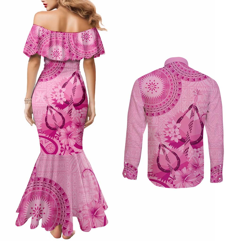 Pink Bula Fiji Couples Matching Mermaid Dress and Long Sleeve Button Shirt Fijian Dance Fan Tapa Cloth Pattern LT14 - Polynesian Pride
