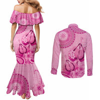 Pink Bula Fiji Couples Matching Mermaid Dress and Long Sleeve Button Shirt Fijian Dance Fan Tapa Cloth Pattern LT14 - Polynesian Pride