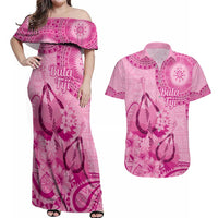 Pink Bula Fiji Couples Matching Off Shoulder Maxi Dress and Hawaiian Shirt Fijian Dance Fan Tapa Cloth Pattern LT14 Pink - Polynesian Pride