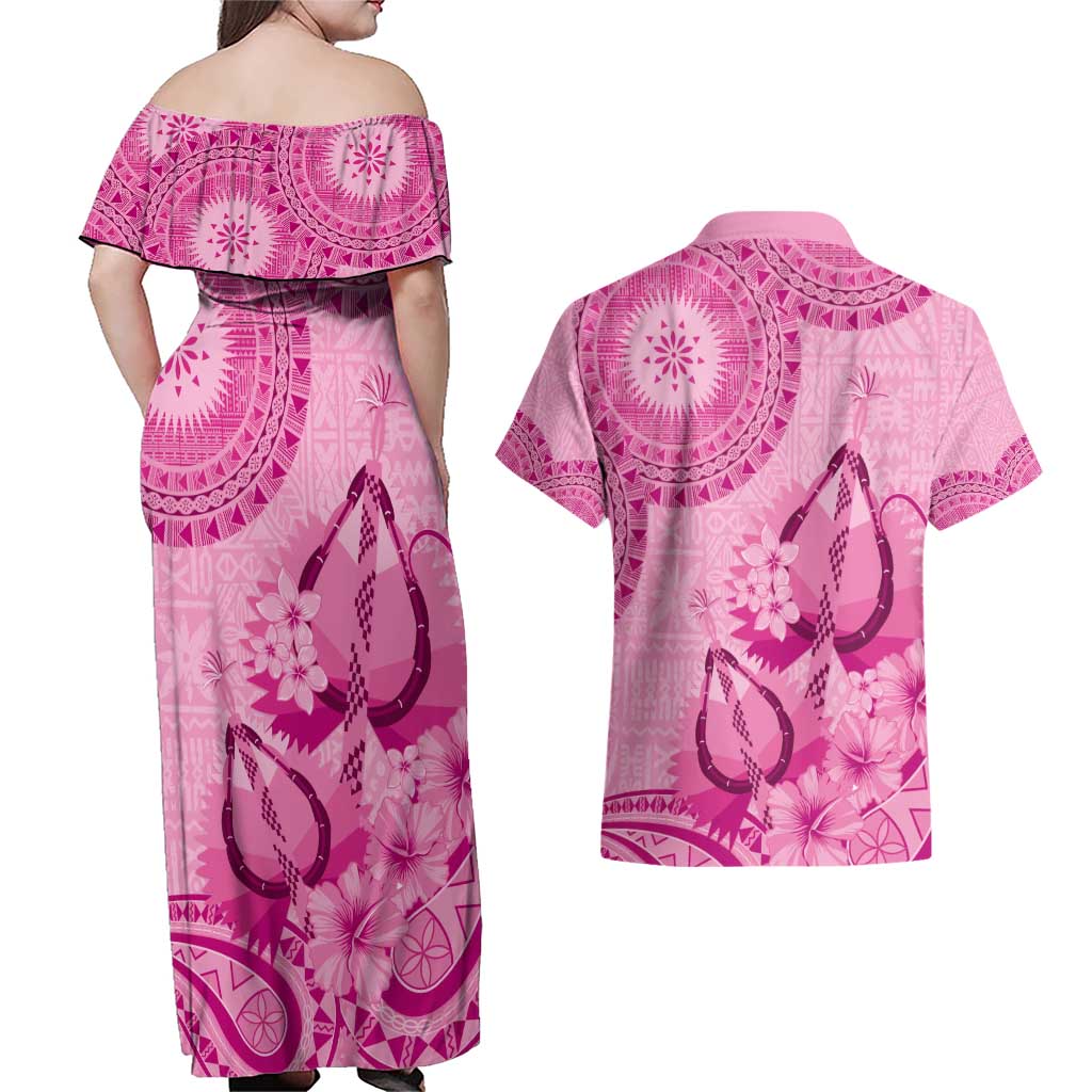 Pink Bula Fiji Couples Matching Off Shoulder Maxi Dress and Hawaiian Shirt Fijian Dance Fan Tapa Cloth Pattern LT14 - Polynesian Pride