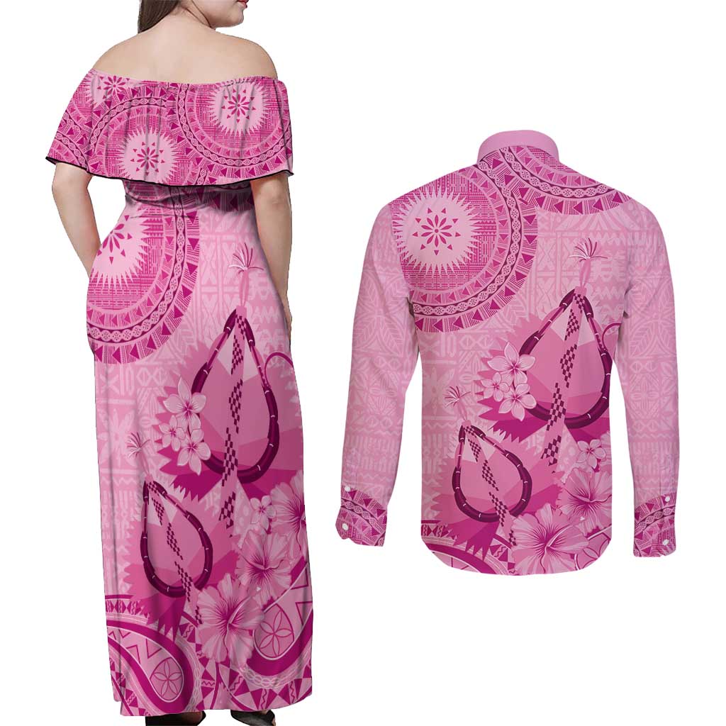 Pink Bula Fiji Couples Matching Off Shoulder Maxi Dress and Long Sleeve Button Shirt Fijian Dance Fan Tapa Cloth Pattern LT14 - Polynesian Pride