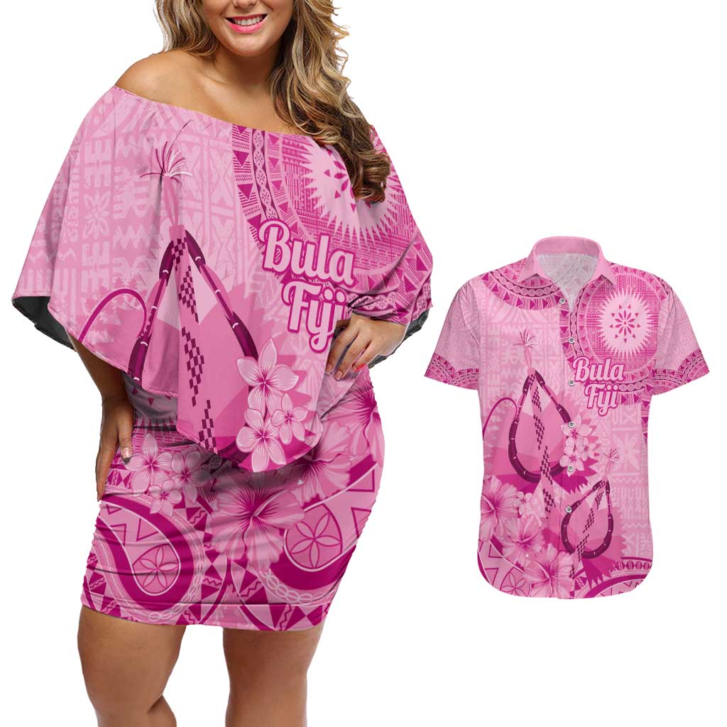 Pink Bula Fiji Couples Matching Off Shoulder Short Dress and Hawaiian Shirt Fijian Dance Fan Tapa Cloth Pattern LT14 Pink - Polynesian Pride
