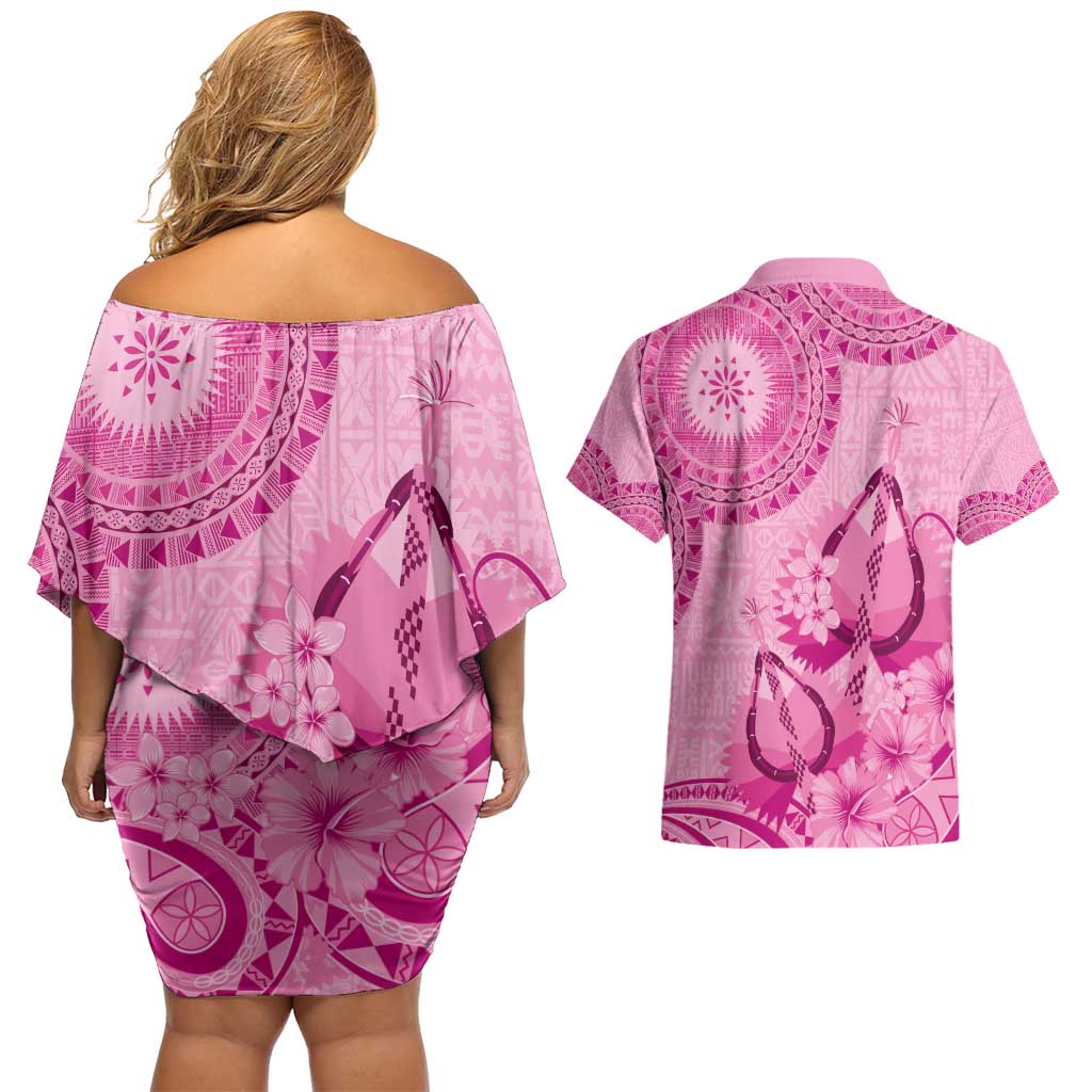 Pink Bula Fiji Couples Matching Off Shoulder Short Dress and Hawaiian Shirt Fijian Dance Fan Tapa Cloth Pattern LT14 - Polynesian Pride