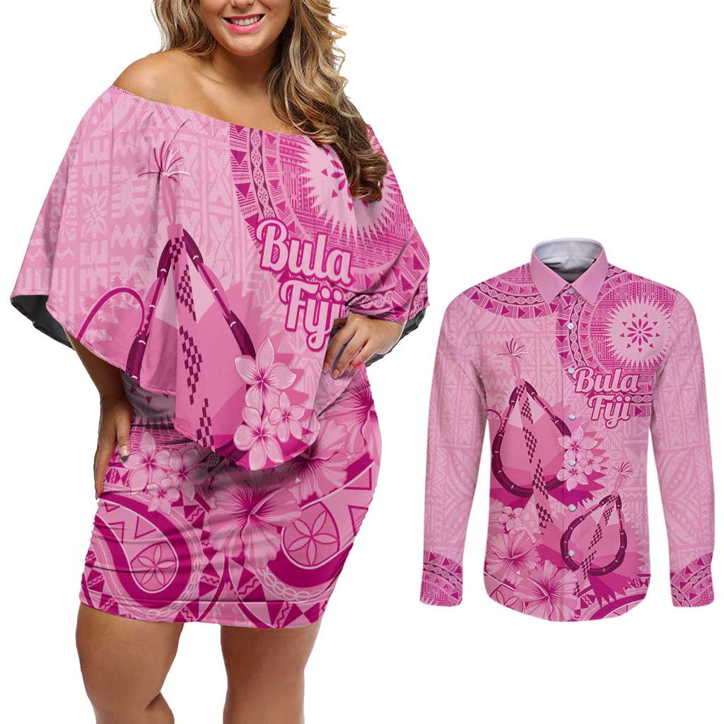 Pink Bula Fiji Couples Matching Off Shoulder Short Dress and Long Sleeve Button Shirt Fijian Dance Fan Tapa Cloth Pattern LT14 Pink - Polynesian Pride