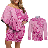 Pink Bula Fiji Couples Matching Off Shoulder Short Dress and Long Sleeve Button Shirt Fijian Dance Fan Tapa Cloth Pattern LT14 Pink - Polynesian Pride