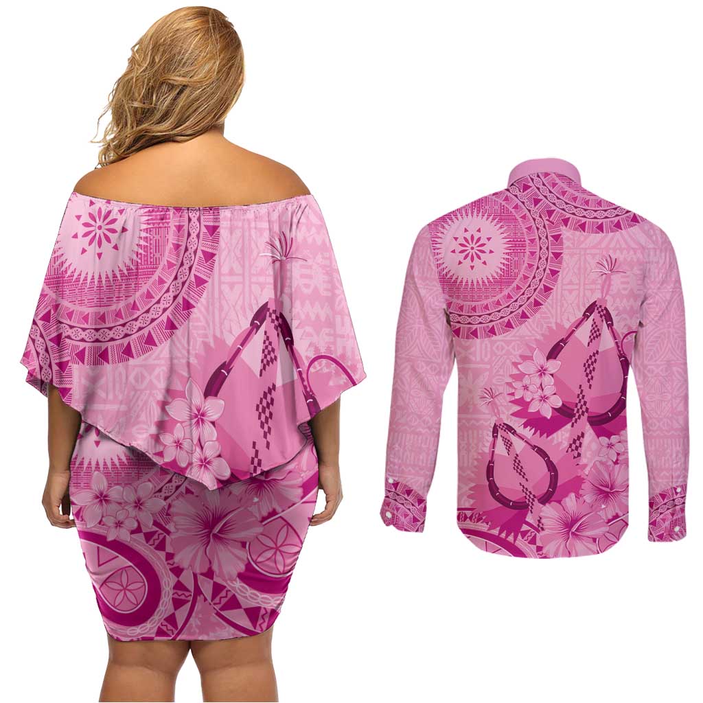 Pink Bula Fiji Couples Matching Off Shoulder Short Dress and Long Sleeve Button Shirt Fijian Dance Fan Tapa Cloth Pattern LT14 - Polynesian Pride