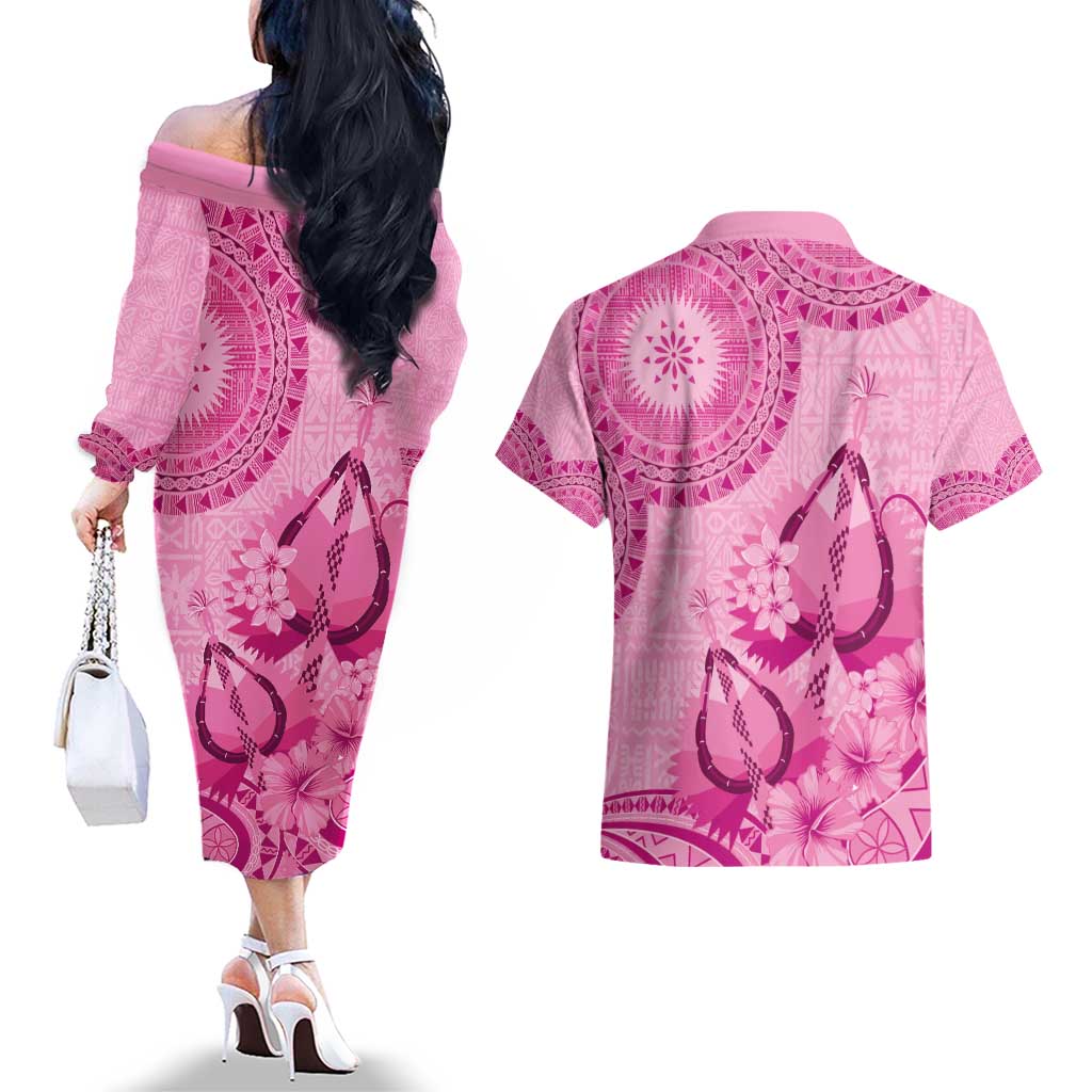 Pink Bula Fiji Couples Matching Off The Shoulder Long Sleeve Dress and Hawaiian Shirt Fijian Dance Fan Tapa Cloth Pattern LT14 - Polynesian Pride