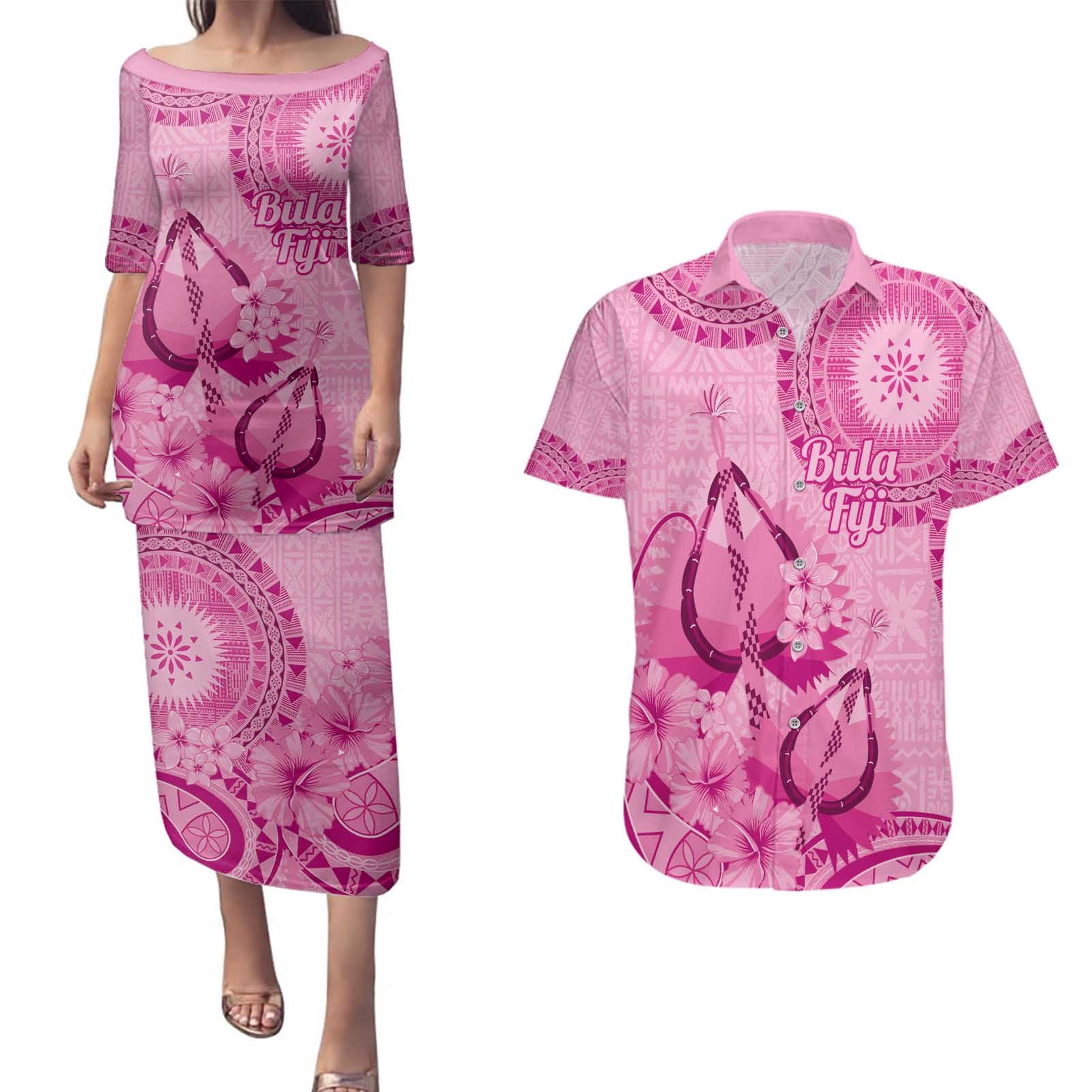 Pink Bula Fiji Couples Matching Puletasi and Hawaiian Shirt Fijian Dance Fan Tapa Cloth Pattern LT14 Pink - Polynesian Pride