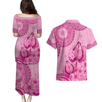 Pink Bula Fiji Couples Matching Puletasi and Hawaiian Shirt Fijian Dance Fan Tapa Cloth Pattern LT14 - Polynesian Pride