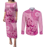Pink Bula Fiji Couples Matching Puletasi and Long Sleeve Button Shirt Fijian Dance Fan Tapa Cloth Pattern LT14 Pink - Polynesian Pride