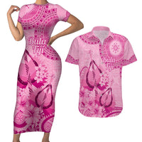 Pink Bula Fiji Couples Matching Short Sleeve Bodycon Dress and Hawaiian Shirt Fijian Dance Fan Tapa Cloth Pattern LT14 Pink - Polynesian Pride