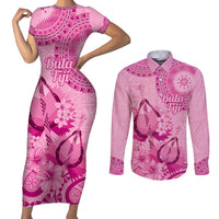 Pink Bula Fiji Couples Matching Short Sleeve Bodycon Dress and Long Sleeve Button Shirt Fijian Dance Fan Tapa Cloth Pattern LT14 Pink - Polynesian Pride