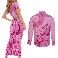 Pink Bula Fiji Couples Matching Short Sleeve Bodycon Dress and Long Sleeve Button Shirt Fijian Dance Fan Tapa Cloth Pattern LT14 - Polynesian Pride