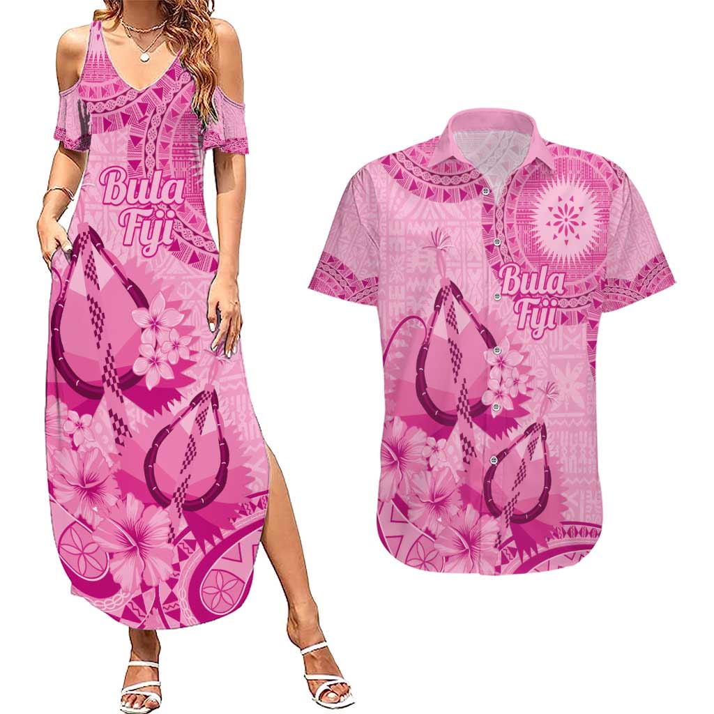 Pink Bula Fiji Couples Matching Summer Maxi Dress and Hawaiian Shirt Fijian Dance Fan Tapa Cloth Pattern LT14 Pink - Polynesian Pride